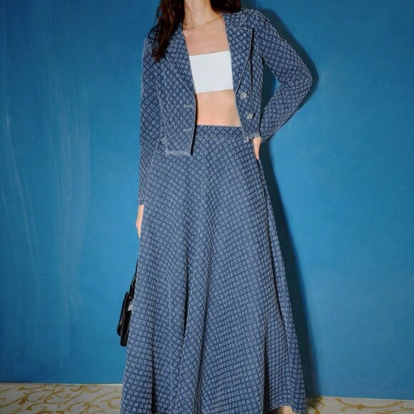 Blue Elegant Womens Denim Jacquard Lapel Collar Raw Edge Jacket & Maxi Skirt Set - Picture 7 of 7